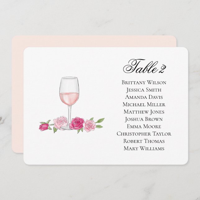 Roses seating chart. Wine glass. Floral wedding Invitation (Front/Back)