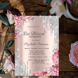 Roses Silver Glitter Drips Rose Gold Bar Mitzvah Invitation