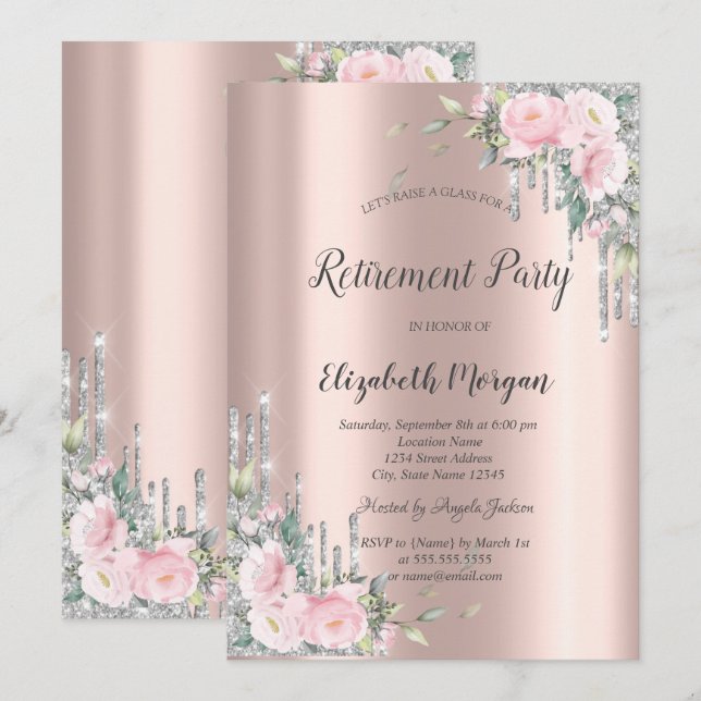 Roses,Silver Glitter Drips Rose Gold Retirement  Invitation (Front/Back)