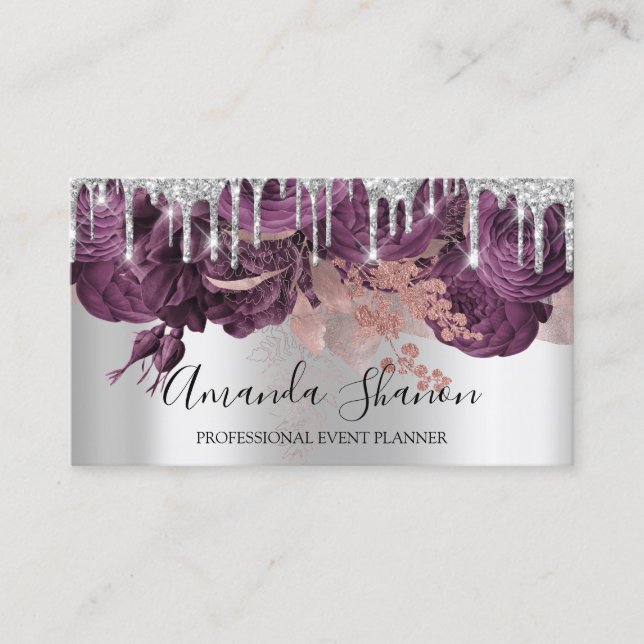 Roses Silver Grey Glitter Drip Logo Event Planner Business Card (Front)