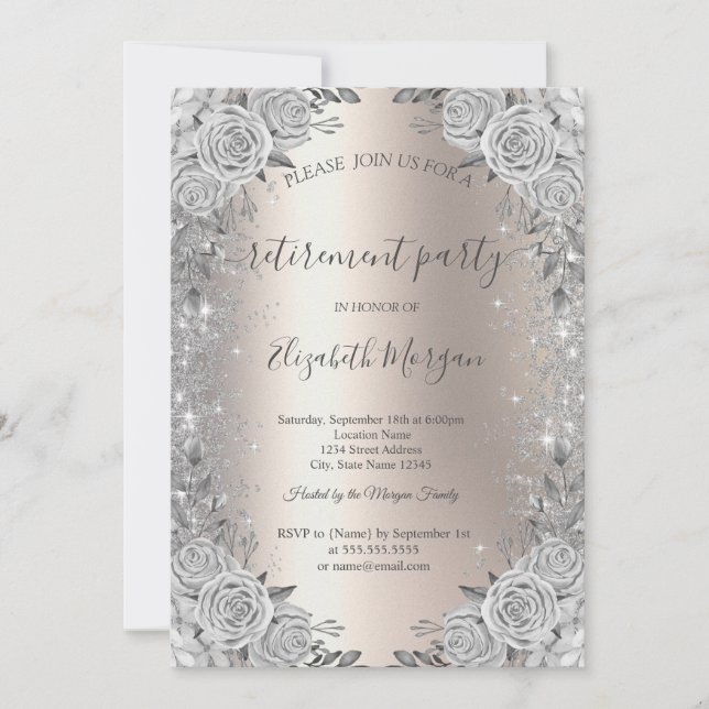 Roses Silver Sparkle Diamonds Ivory Retirement  Invitation (Front)