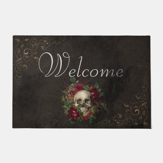 Roses & Skull Gothic Distressed Welcome Doormat (Front)
