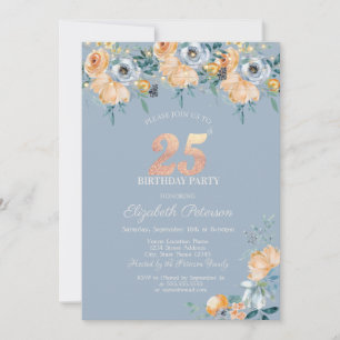  Roses String Lights Dusty Blue 25th Birthday Invitation