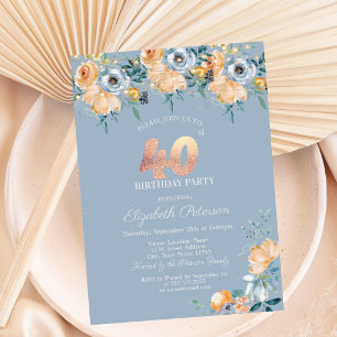Roses String Lights Dusty Blue 40th Birthday Invitation