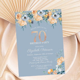 Roses String Lights Dusty Blue 70th Birthday Invitation