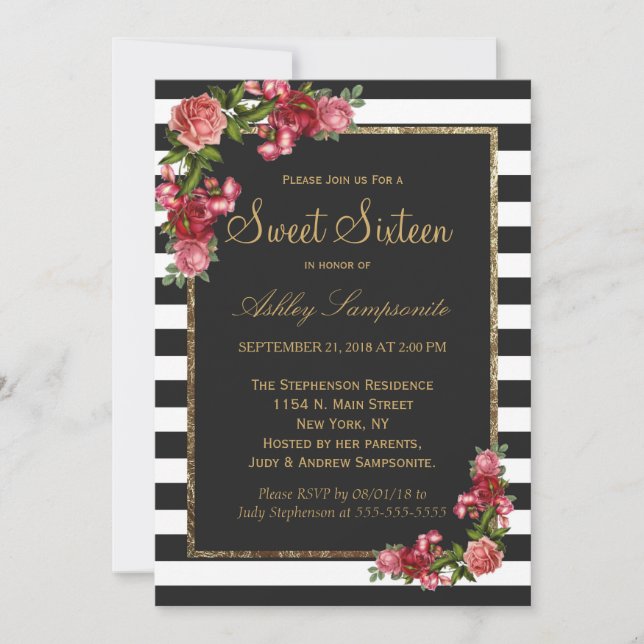 Roses Stripes and Gold Sweet 16 Invitations (Front)