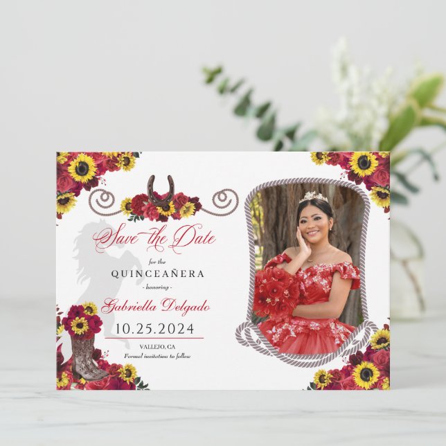 Roses Sunflowers Quinceañera Save The Date Photo Invitation (Standing Front)