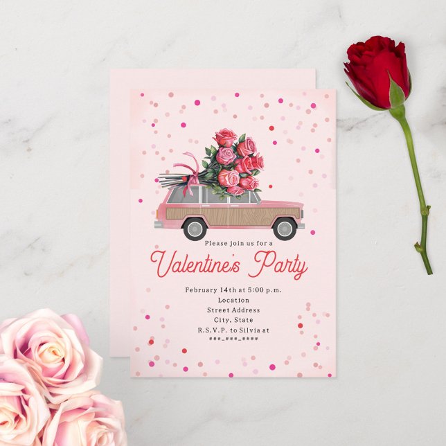 Roses SUV Truck Confetti Valentine's Party Invite (Creator Uploaded)