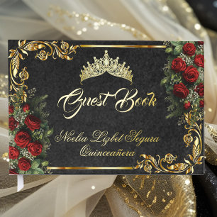 Roses, Tiara & Gold Leaves - Black Guest Book