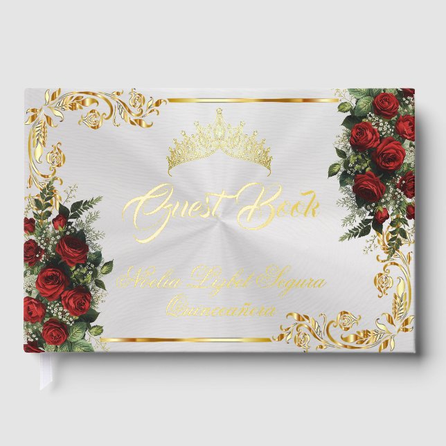Roses, Tiara & Gold Leaves - Pearl White Guest Book (Front)