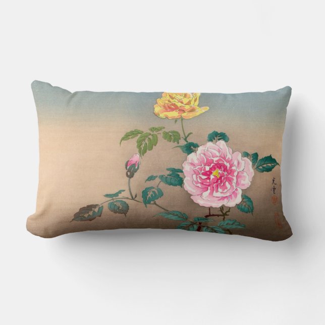 Roses Tsuchiya Koitsu japanese flowers painting Lumbar Cushion (Front)