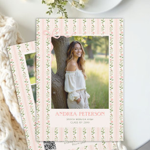 Roses Vintage Stripes Pink Bow Graduation Photo QR Announcement