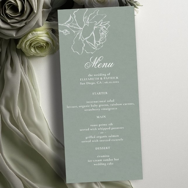 Roses Vow Sage Green Modern Classic Formal Wedding Menu (sage green wedding theme menu card modern classic white roses floral frame formal traditional)