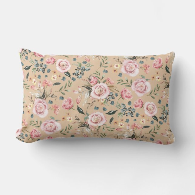 Roses Watercolor Blush Floral Print Lumbar Pillow (Front)