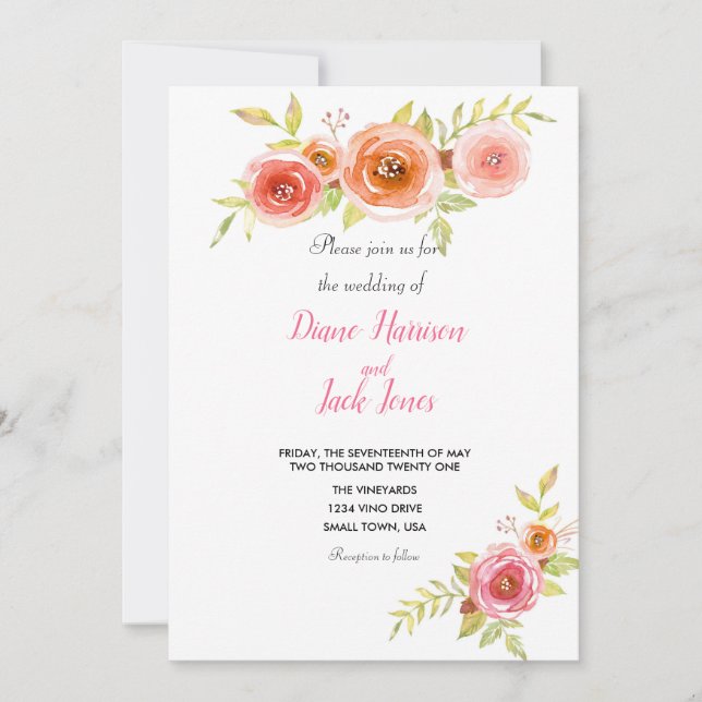 Roses Watercolor Floral Wedding Invitation (Front)