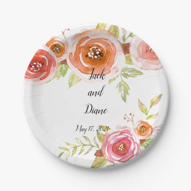 Roses Watercolor Floral Wedding Paper Plate (Front)