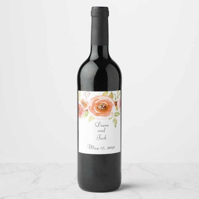 Roses Watercolor Floral Wedding Wine Label (Front)