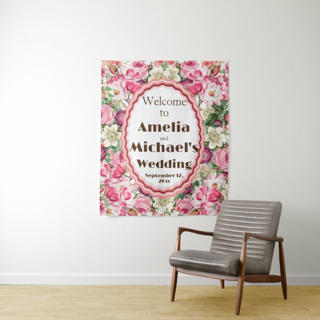 Roses White Florals Wedding Backdrop Tapestry (In Situ)