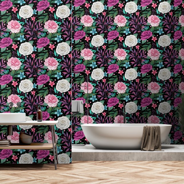 Roses White Pink Burgundy on Black Wallpaper (Bathroom)