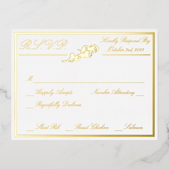 Roses, White Wedding RSVP Gold Full Foil Invitation Postcard (Front)