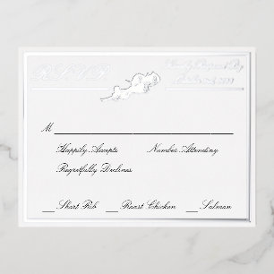 Roses, White Wedding RSVP Silver Foil Invitation Postcard