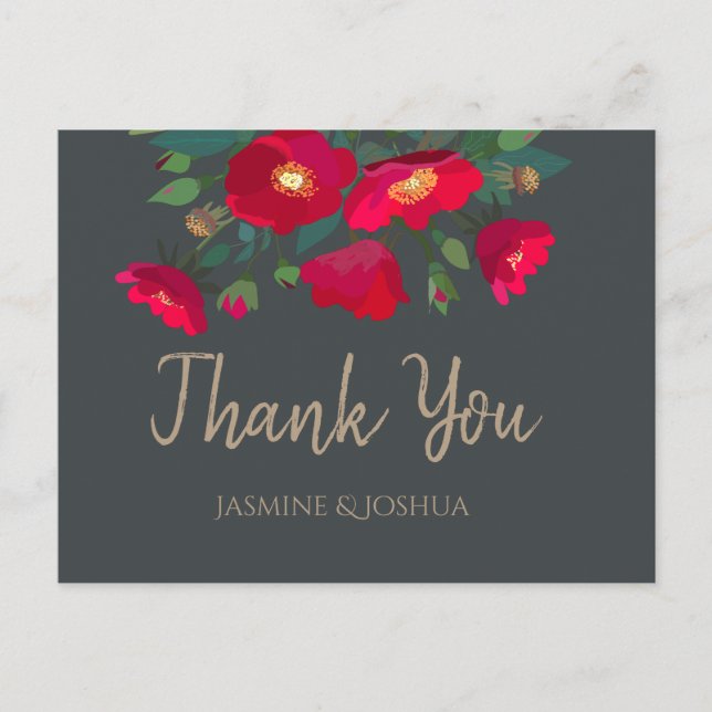 Roses wild flowers modern red thank you postcard (Front)