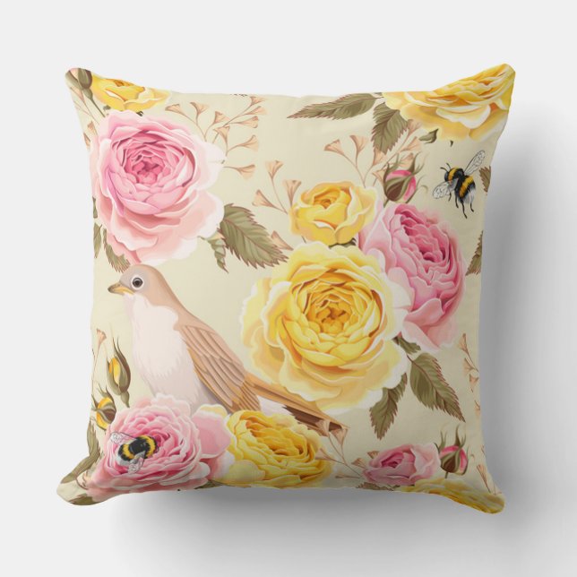 Roses with bird and bees cushion (Front)