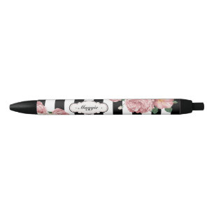 Roses with Black and White Stripes Ink Pen