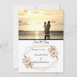 Roses with Rose Gold Geometric Photo Save the Date