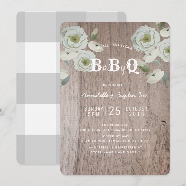 Roses & Wood BaByQ BBQ Baby Shower Invitation (Front/Back)