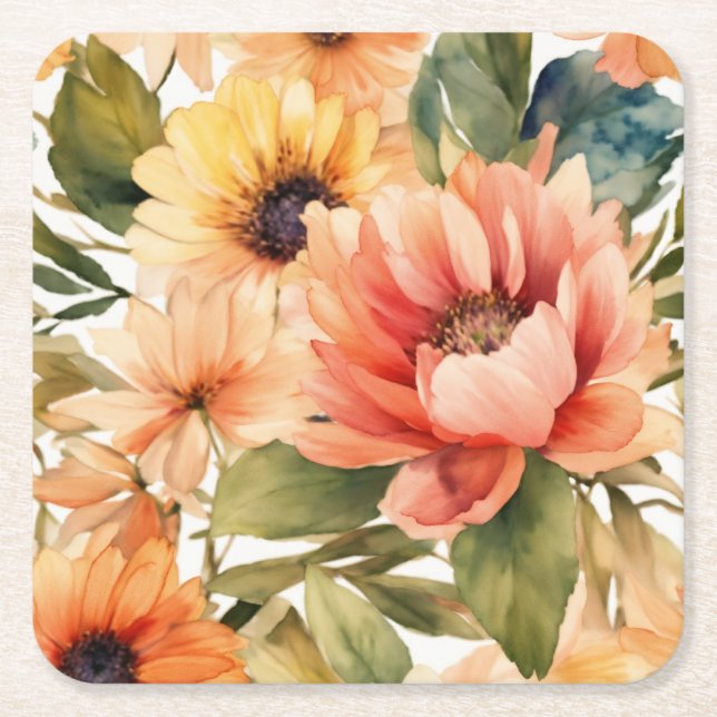 Rosewater Bloom: Waterproof Flower Evening Design Square Paper Coaster (Front)