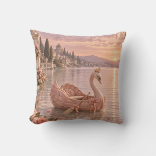 Rosewater Swan Boat Romantic Sunset Lake Cushion