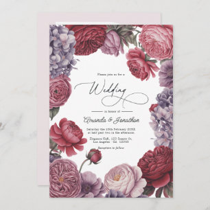 Rosewood and Dusty Lavender Floral Wedding Photo Invitation