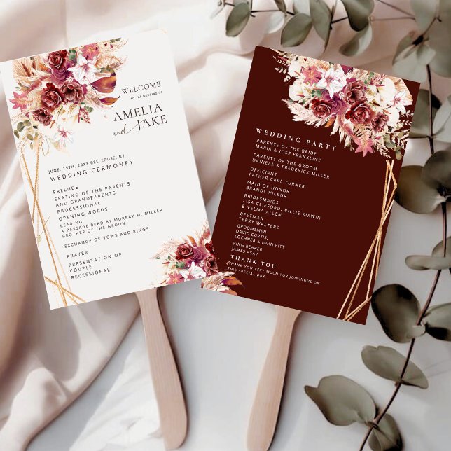 Rosewood & Gold Floral Wedding Program Fan (Creator Uploaded)