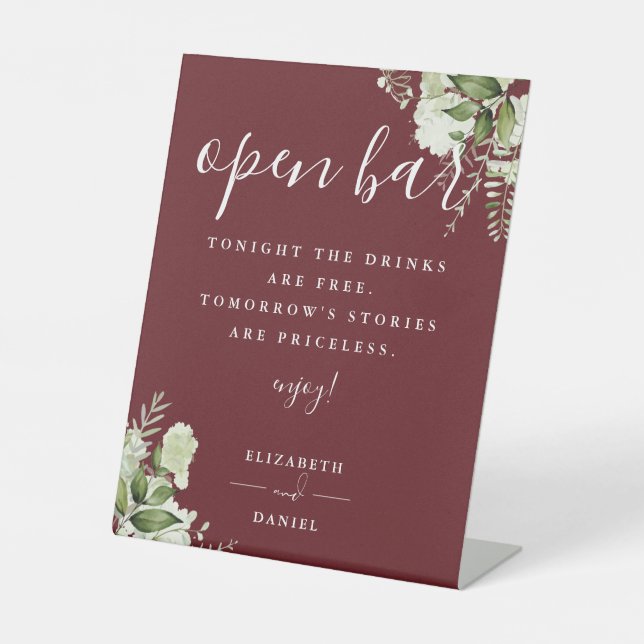 Rosewood Pink Elegant Greenery Floral Open Bar Pedestal Sign (Front)