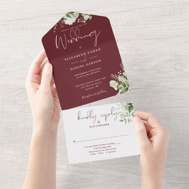 Rosewood Pink Floral Greenery Monogram Wedding All In One Invitation (Tearaway)