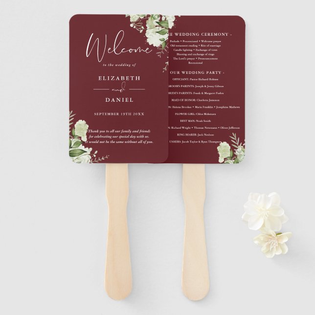 Rosewood Pink Floral Greenery Wedding Program Hand Fan (Front and Back)