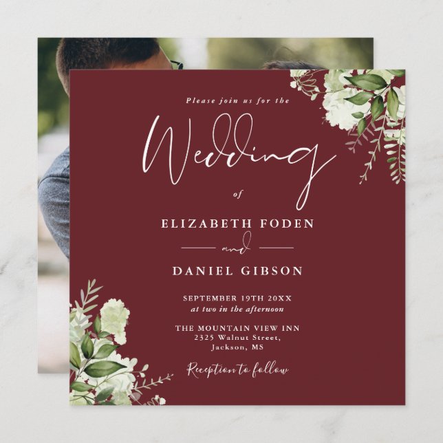 Rosewood Pink Greenery Floral Photo Square Wedding Invitation (Front/Back)