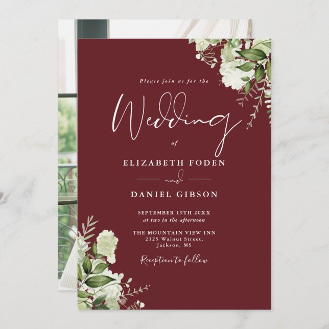 Rosewood Pink Greenery Floral Photo Wedding Invitation (Front/Back)