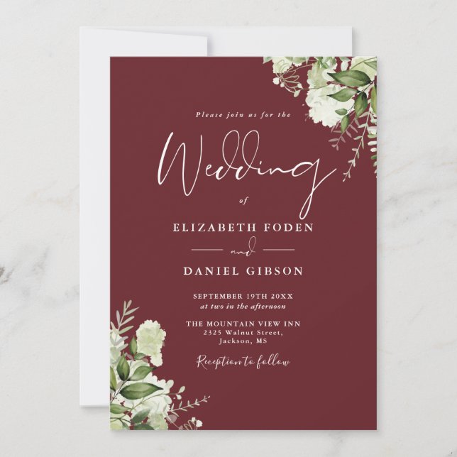 Rosewood Pink Greenery Leaves Monogram Wedding Invitation (Front)