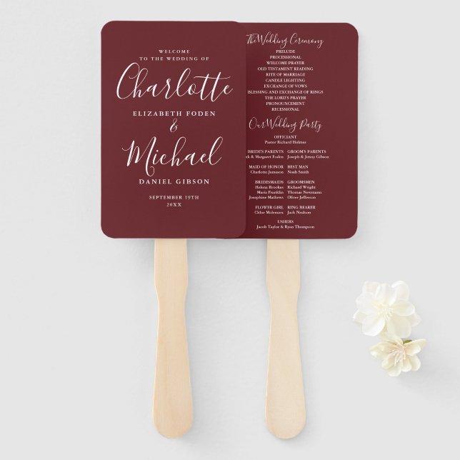 Rosewood Pink Signature Script Wedding Program Hand Fan (Front and Back)