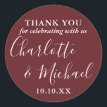 Rosewood Pink Signature Wedding Favour Thank You Classic Round Sticker<br><div class="desc">Rosewood pink signature wedding favour thank you classic round sticker featuring signature style names. Personalise with your special thank you information in chic typography. Designed by Thisisnotme©</div>