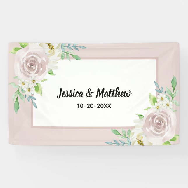 Rosewood Soft Mauve Floral Watercolor Rose Wedding Banner (Horizontal)