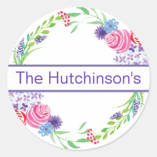 Rosey Purple Floral Wreath Name Round Stickers