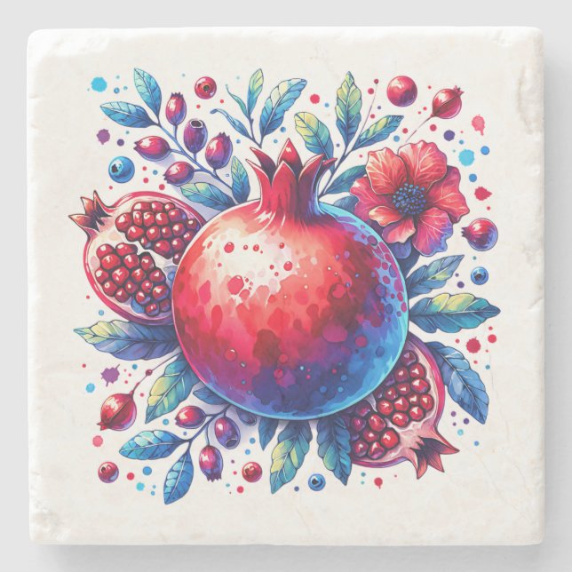 Rosh Hashana Water colour Pomegranate  Stone Coaster (Front)