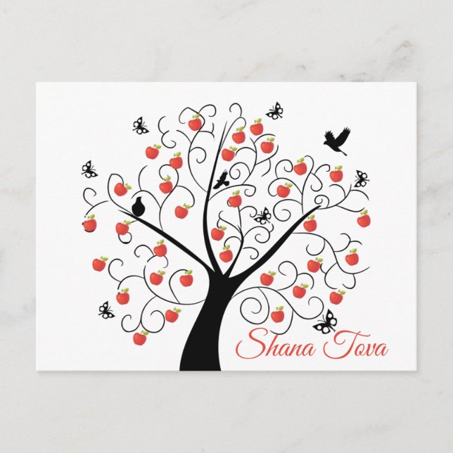 Rosh Hashanah Apple Tree with Birds & Butterflies Postcard (Front)