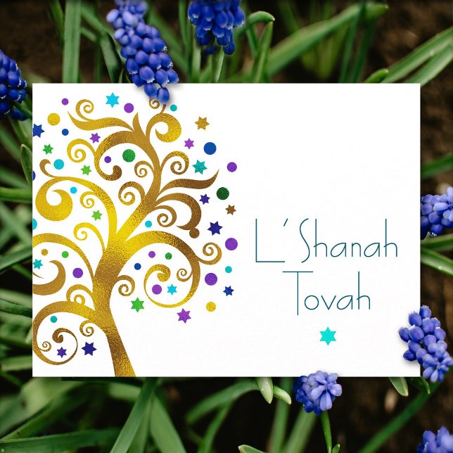Rosh Hashanah Blue Gold Foil Tree of Life Modern Holiday Postcard (Creator Uploaded)