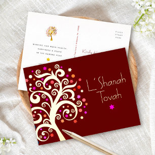 Rosh Hashanah Burgundy Red Tree of Life Real Gold  Foil Holiday Postcard