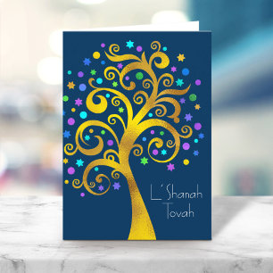 Rosh Hashanah Gold Blue Foil Tree of Life on Navy Card