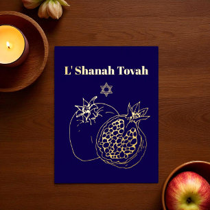 Rosh Hashanah Gold Foil Blue Jewish Holiday Postcard